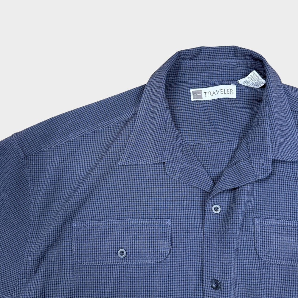LL Bean Traveler Mens XL Blue Micro Check Long Sleeve Hiking Shirt Anti Theft
